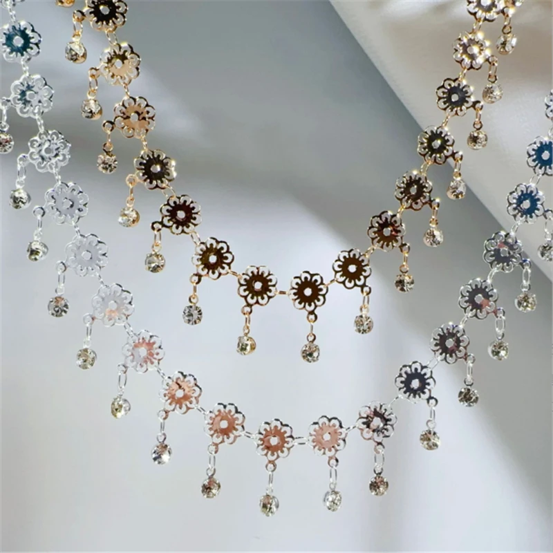 10 Meters/Lot New Retro Hollow Flower Crystal Beads Link Chains DIY for Bracelet Necklace Garment Jewelry Making Accessories