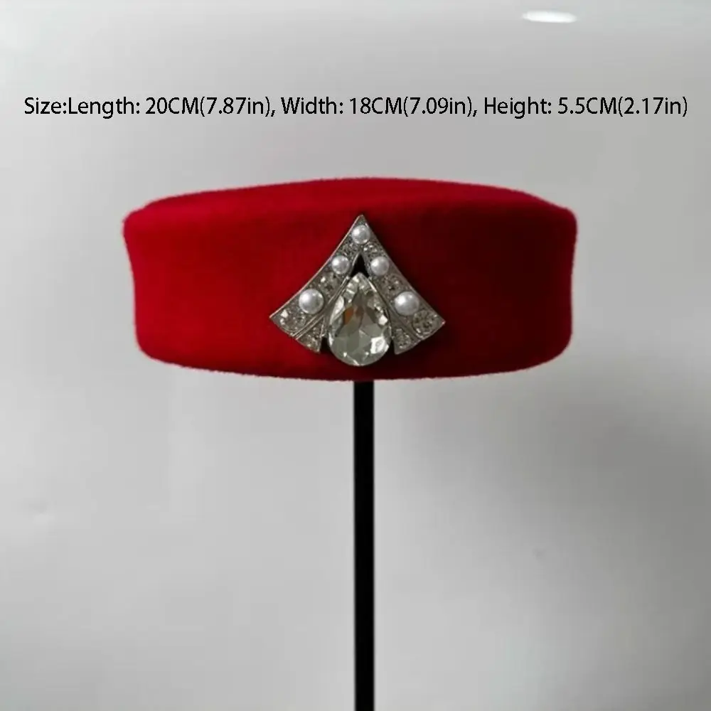 Uniform Stewardess Hat Vintage Topper Hat Rhinestone Solid Color Felt Beret Retro Charm Pillbox Hat Banquet