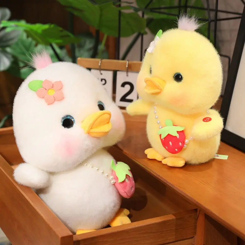 3d Eyes Pressing Music Duck Plush Toy Strawberry Hanging Bag Simulation Duck Plush Toy Cute Soft Yellow Duck Plush Doll