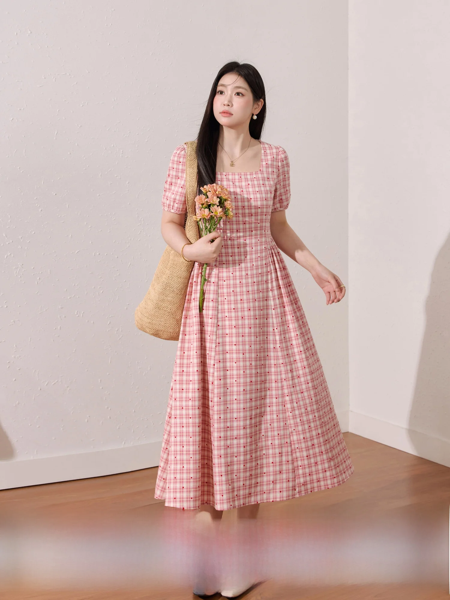 

Blue Language plus Size Women's Dr Sweet Retro Plaid ort Sve Square Collar Slimming Long Skirt Commute Sle High Waist