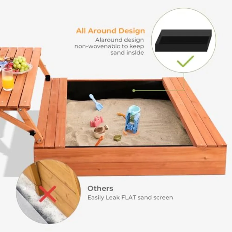 Sabbiera da esterno in legno Grande scatola di sabbia con coperchio Sabbiera con coperchio Regalo per 28 anni Tavolo da picnic pieghevole e rivestimento inferiore del sedile
