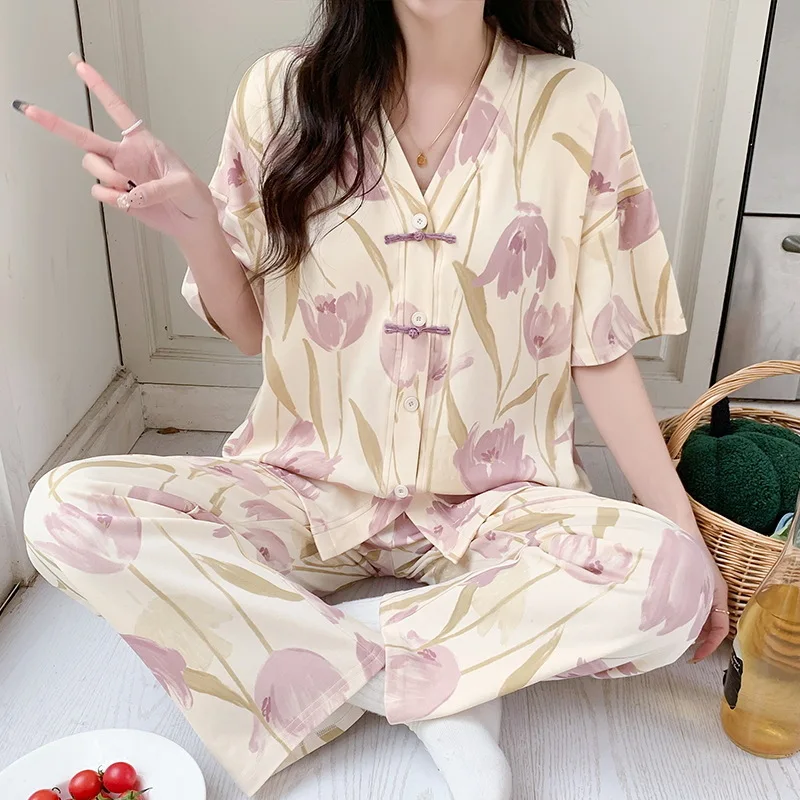 Conjunto de pijama de Kimono para Mujer, ropa de dormir de manga corta, pantalón largo, estampado, Verano