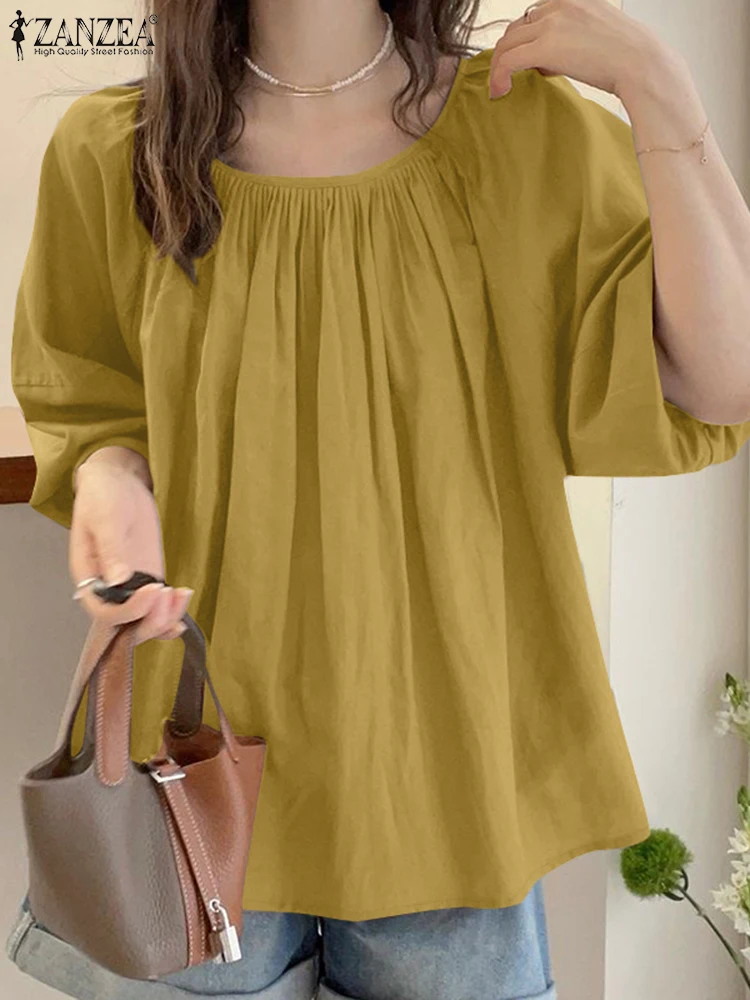 2024 ZANZEA Summer Blouse Women Fashion Holiday Shirt Elegant Half Sleeve Solid Loose Party Blusas Casual Pleated Tops Tunic