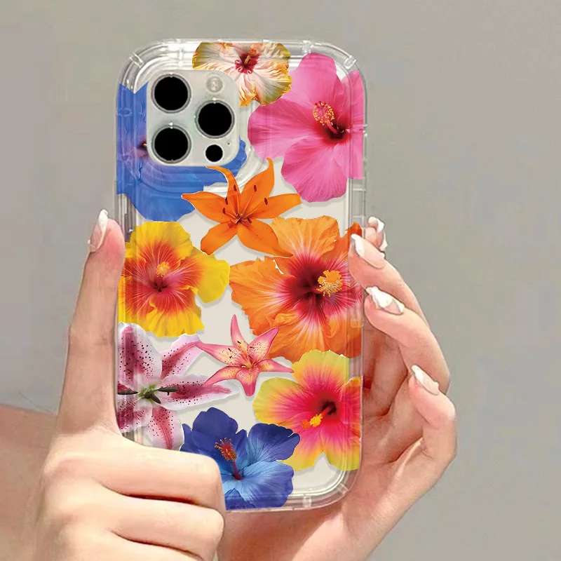 

Transparent Phone Case For iPhone 16 Pro Max Case iPhone 15 14 16E 11 12 13 Pro Max XR 7 8 Plus SE Hibiscus Flower Pattern Cover