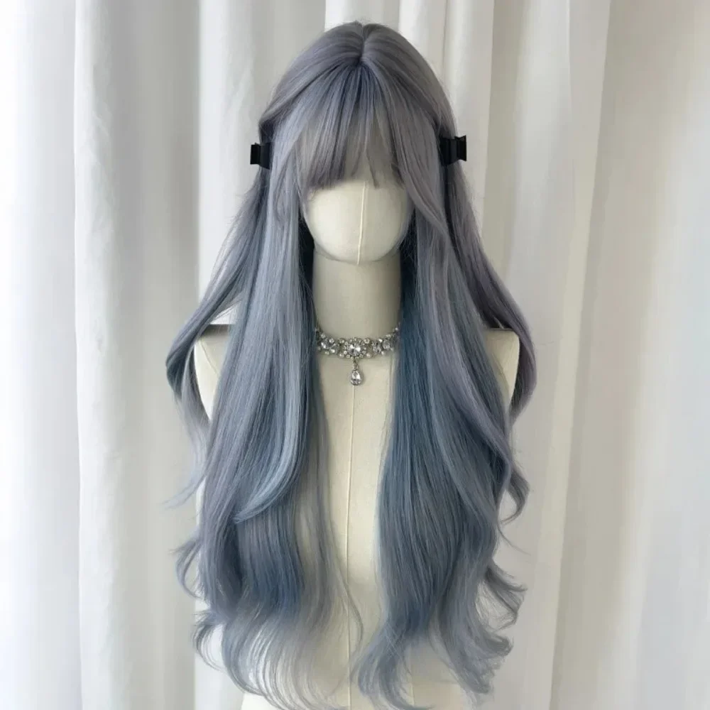 Ashely Wig for Women Long Curly Wave Haze  Blue Wigs with Bangs 24inch Natural Simulation Fluffy Lolita Wig for Cospay Daily Use