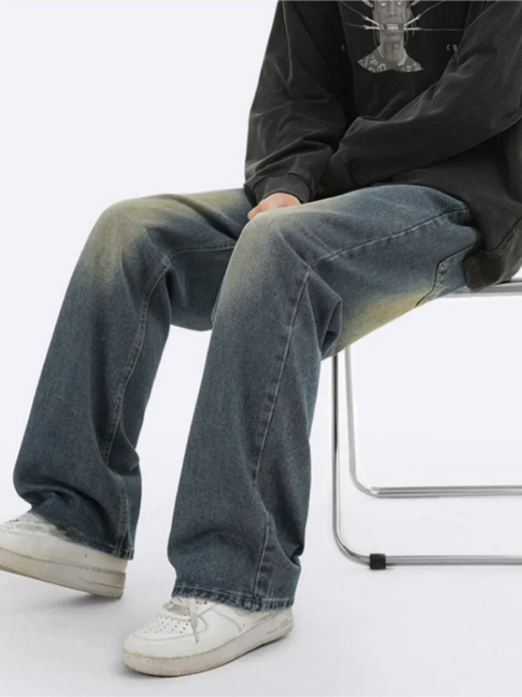 

Мужские джинсы на флисовой подкладке с эффектом потертости, утепленные, зимние, прямого кроя, свободные, широкие штанины, в американском уличном стиле, модные брюки