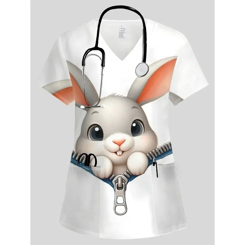 Women's SummerVShort-sleeved medical workwear with collar Easter-themed dental clinic work shirt with pockets