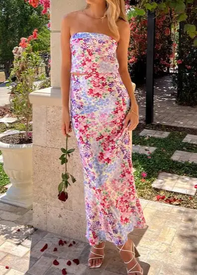 

New Fashion Womens Summer Outfit Stylish Solid Floral Print Strapless Tops And Slit Long Skirt 2 Pcs Set Hot Sale S M L