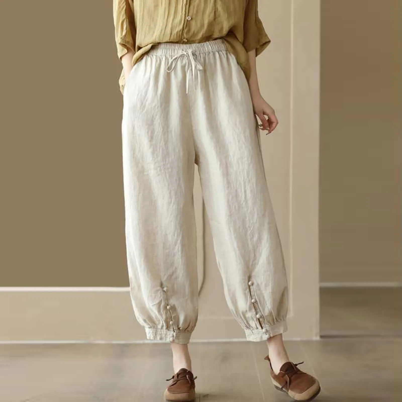 

Summer Casual Cotton Linen Harem Cropped Pants Women Loose High Waist Elastic Ankle-length Pants Solid Lady Pocket Trousers