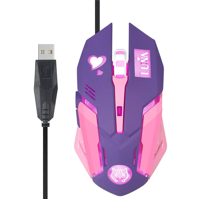 2400DPI-Gaming-Maus, farbige Stummmaus mit Hintergrundbeleuchtung, kabelgebundene USB-Computermaus in Rosa, geeignet für Laptops und Computer
