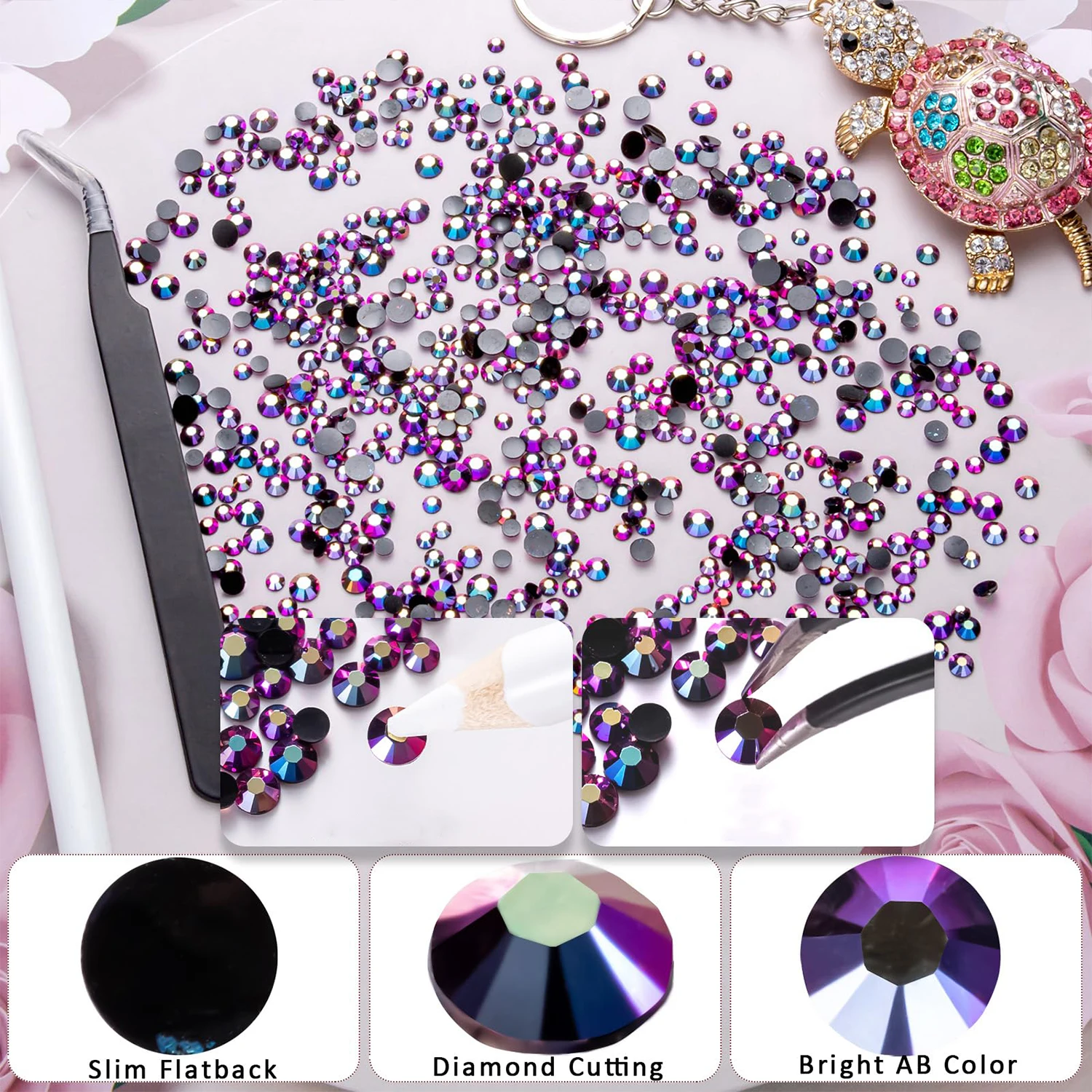 5000Pcs Purple Black AB Flatback Resin Rhinestones, 2mm-6mm Faux Nail Gems Crystal Bead for Crafts DIY Nail Art Charms Supplies