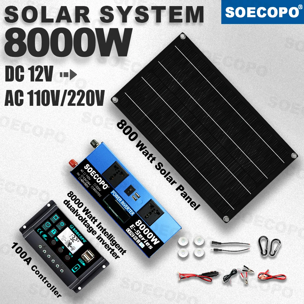 

SOECOPO 8000W Peak Solar System Kit 800W Panel 100A Controller 12V 110V 220V Inverter Generator for Camp Home charger off grid