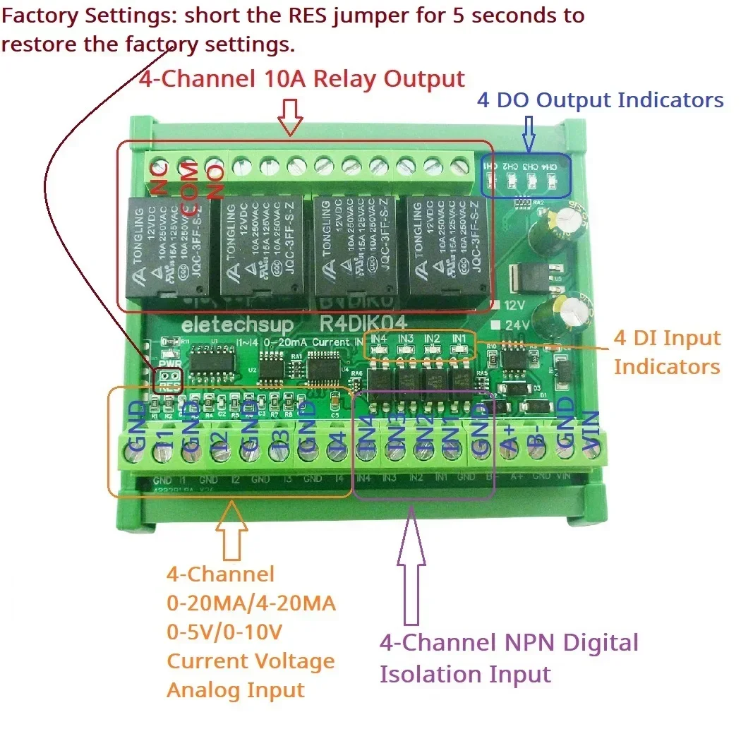 4AI 4DI 4DO ModBus Gateway Module Digital Analog Quantity Acquisition Switching Value Current Voltage 4-20MA 0-5V 0-10V