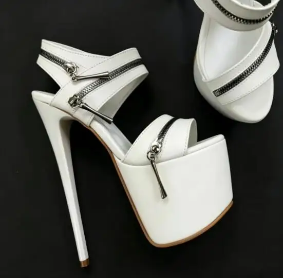 Punk Style White Sliver Patent Leather Platform Sandals Women Open Toe Metal Zipper Decor Super High Stiletto Heels Sandals