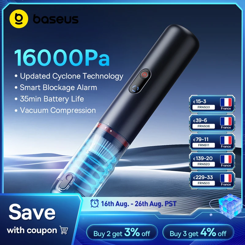 Baseus Mini aspirateur de voiture sans fil portable, machine PC, injuste, déterminer, automobile, maison, A5, 16000Pa