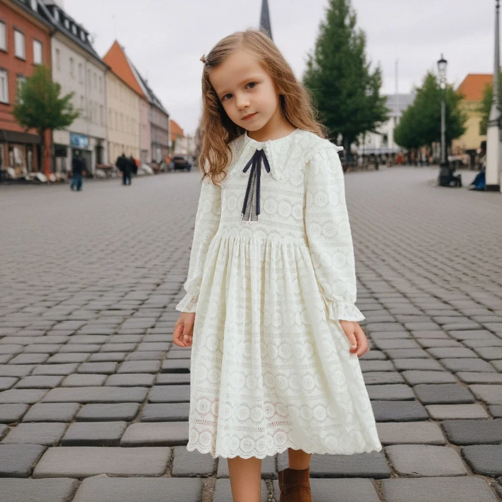 

Kids Clothes 2025 Spring Long Sleeve Lace Princess Dresses Beige Evening Party Dress for Girls Children Wedding Costume 10 12 Y