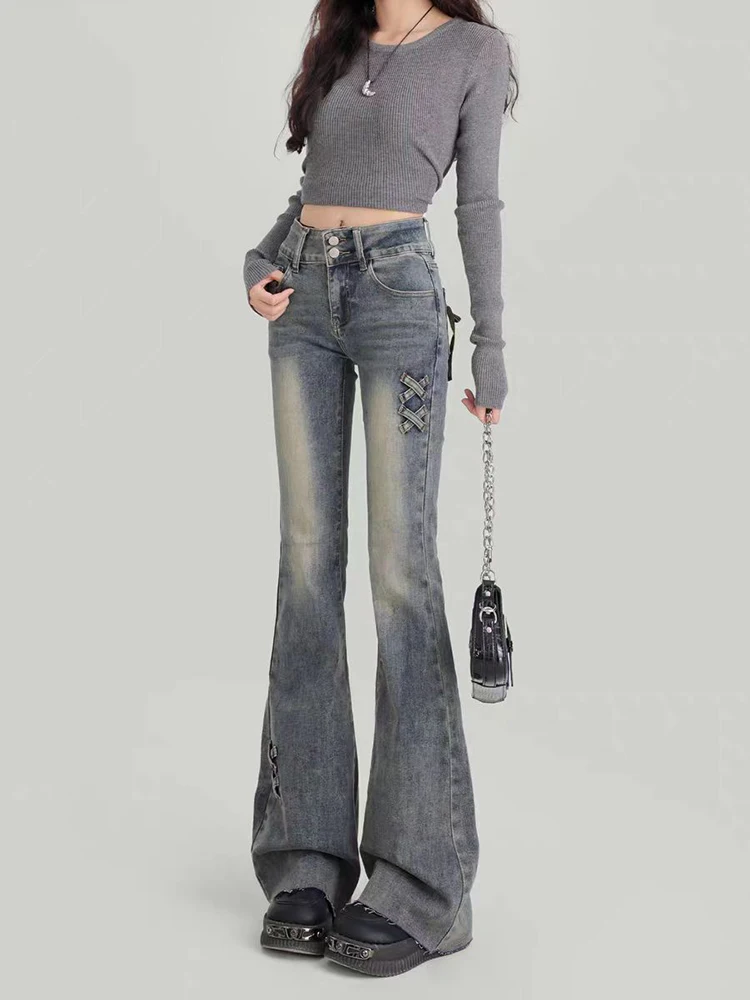 

Американские джинсы-клеш с высокой талией в стиле ретро, женские облегающие джинсы-скинни, весенняя новинка, смесь хлопка и полиэстера