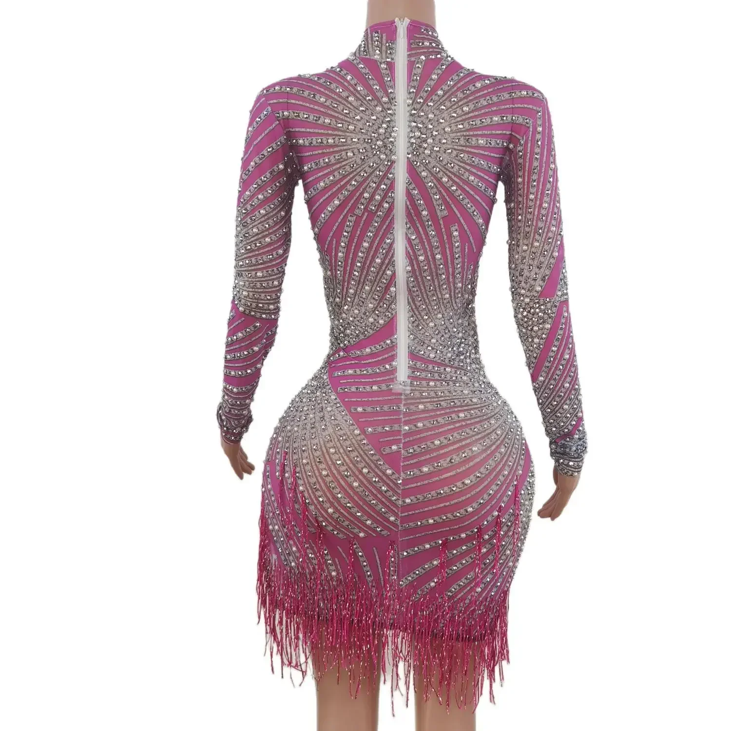 Luxury Prom Dresses for Women 2023 Pink Mini Skirt Sequins Rhinestone Tassel Womens Dress Vestido De Manga Larga