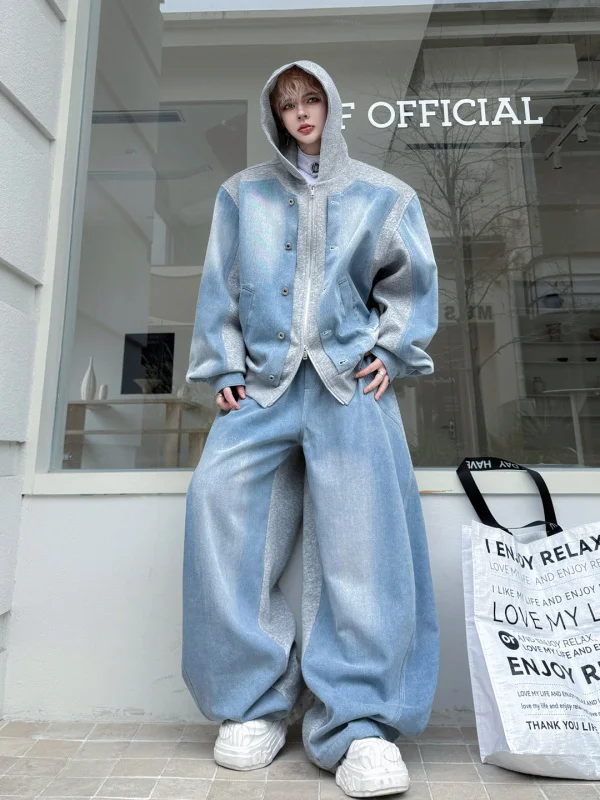 

TANGZ STUDIO American Retro Hoodie Sweatirt Men Loose Jeans Faion Set Two Pieces Set Long Sve Spring Youth Jeans