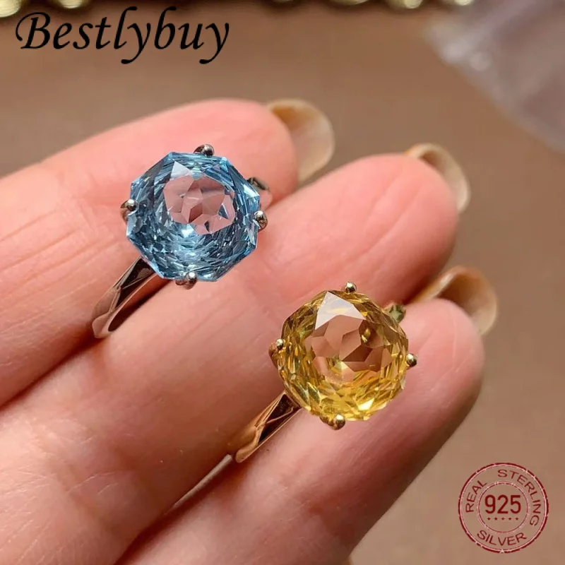

New 925 Sterling Silver Rose Cut Natural Yellow Crystal Blue tTopaz Ring For Women's Fashionable And Luxurious Wedding Jewelry