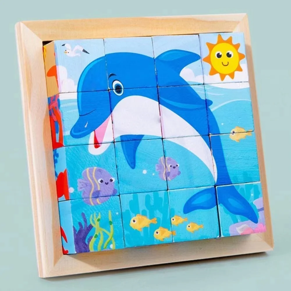 Puzzle cube 3D à six faces en bois pour enfants, jouets de rangement amusants