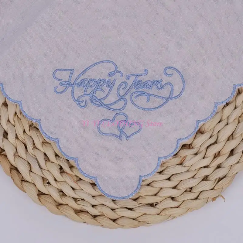 N5KF thêu màu trắng hạnh phúc Nước mắt Cotton Handkerchief Elegant Wedding trang trí hình vuông hình vuông cho khách đám cưới