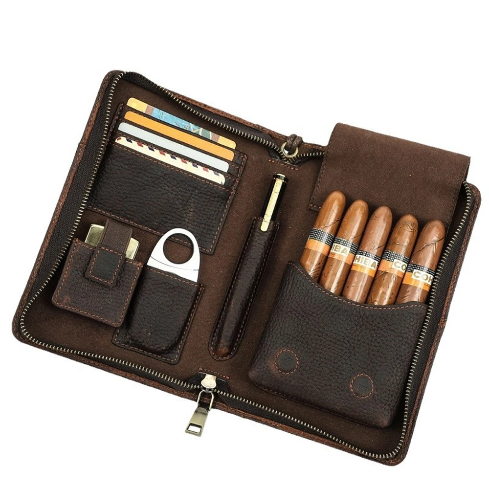 

5-Pack with Wrist Zipper Vintage Crazy Horse Leather Cigarette Case Multifunctional Travel-Friendly Genuine Leather Cigar Cover