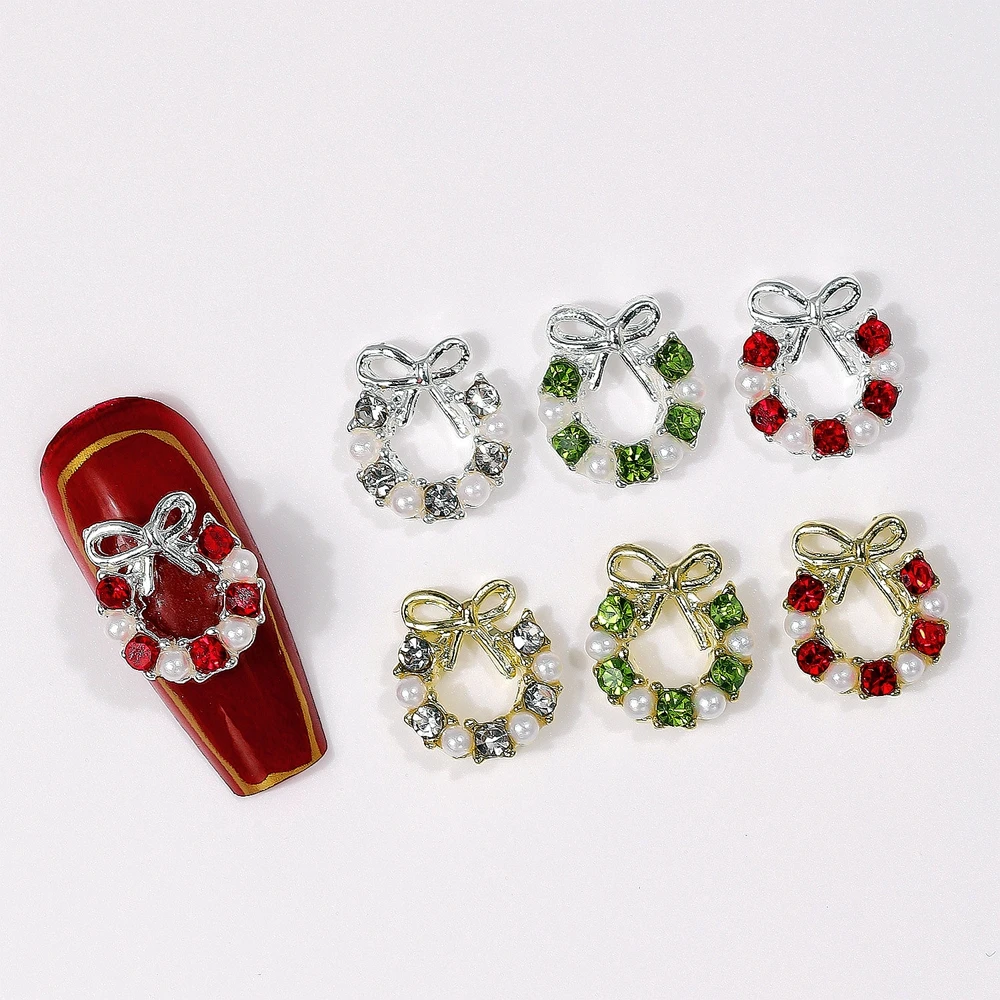 10PCS Luxury Alloy Christmas Nail Art Decoration Rhinestone Pearl Wreath Charms Bow Garland Nail Accessories Supplies Products