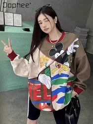 Cartoon Printed Colorblock Mid-Length Crew Neck Sweatshirt 2024 Autumn New Mid-Length Loose Casual Oversized Hoodies Women