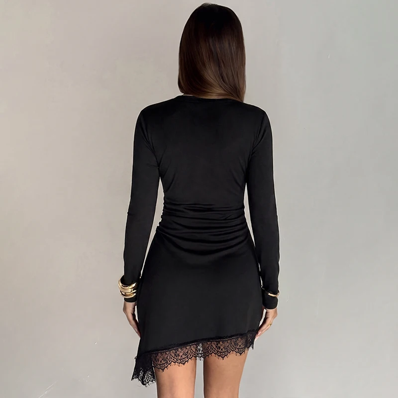 Hugcitar Damenmode Langarm Einfarbiges Patchwork-Spitzenkleid Sexy Unregelmäßiges Minikleid Herbstkleidung Streetwear Party Urlaub – Detail 17