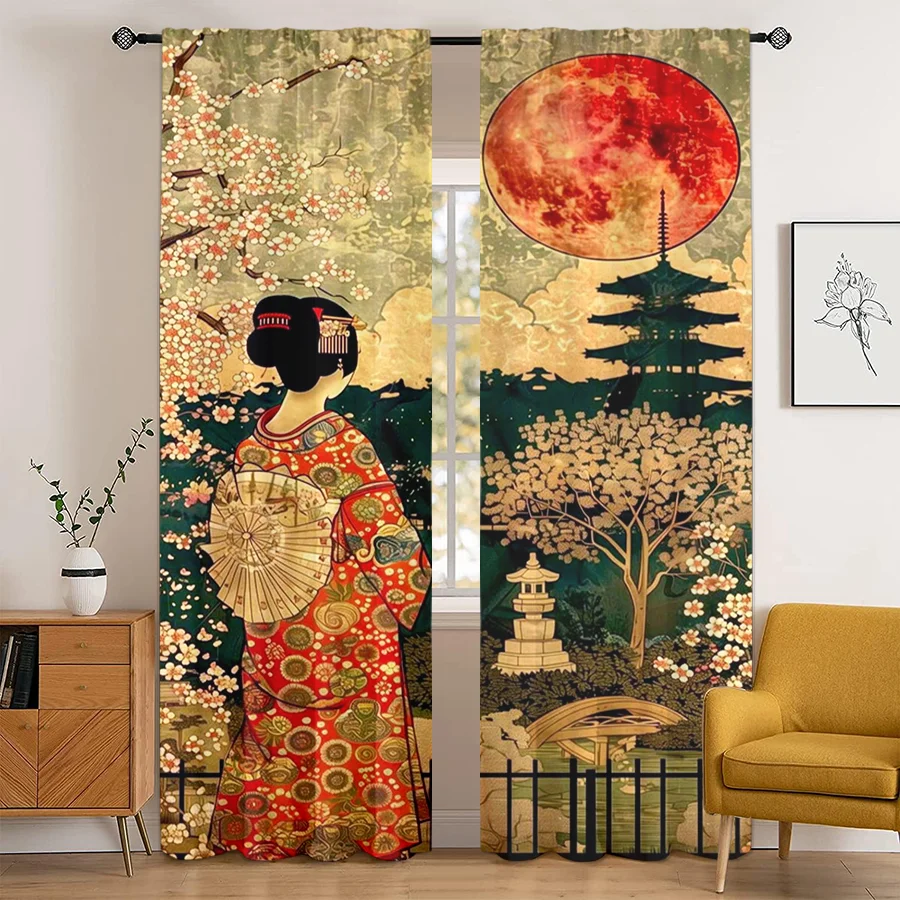 2PCS Japanese Geisha Cherry Blossom Print Curtains, Ukiyo-e Red Moon Pagoda Window Drapes for Bedroom Living Room Decor