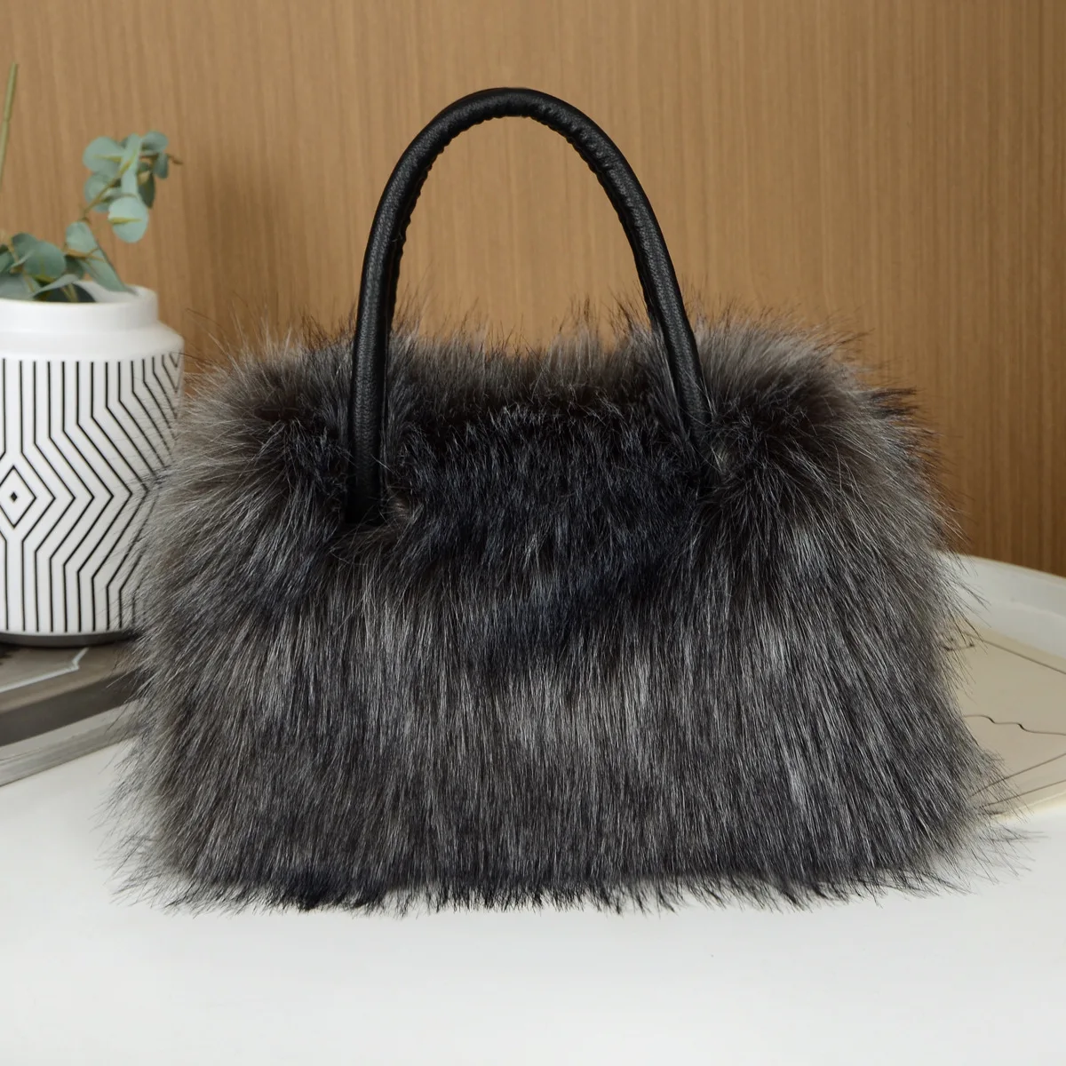 Autumn Winter Faux Fur Tote Bag For Women Rectangular Large Capacity Plush Handbags American Fashion High Street Crossbody Bags