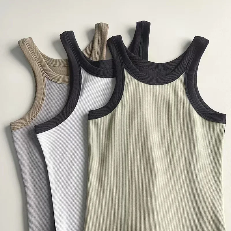 Ribbed Tank Top for Sports, Cotton Thread, Contrast Racerback, Elastic, Slim, Summer, TT, 2024, New