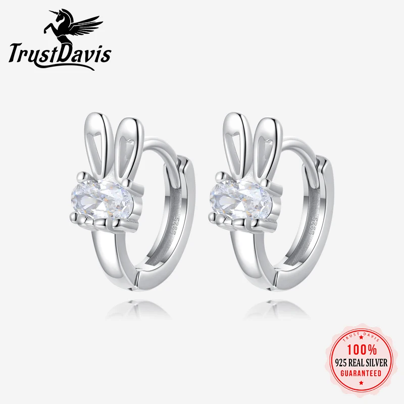 TrustDavis Girls 925 Sterling Silver Cute Rabbit CZ Tiny Hoop Earrings dla dziewczynek Wedding Party Fine S925 Jewelry DS3930