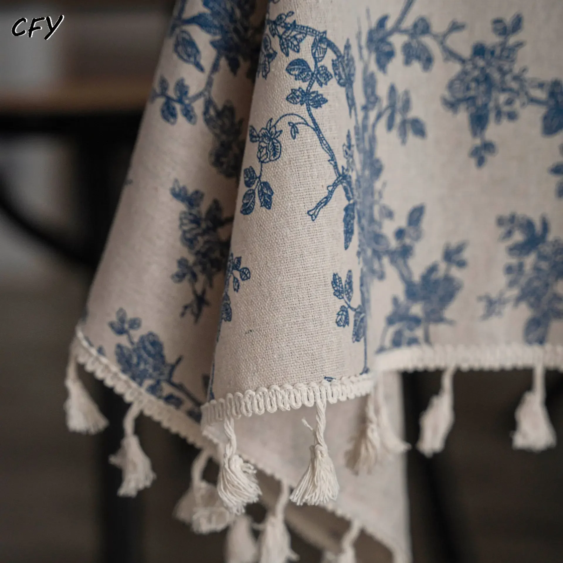 

Cotton Linen Retro Blue Flower Printing with Tassels Rectangular Table Cloth Kitchen Table Map Towel Household Tablecloth
