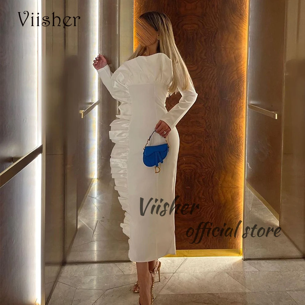 

Viisher White Mermaid Evening Dresses Long Sleeve Arabian Dubai Wedding Party Dress Pleats Satin Formal Prom Gown Ankle Length