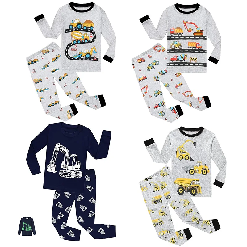 Little Hand Kids Boys Excavator Truck Pajama Set Cartoon Long Sleeve Night Wear Home Outfit Cotton Loungewear for 2-7Y