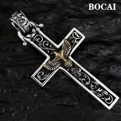 BOCAI New S925 Silver Jewelry Accessories Relief Eagle Wings Tangcao Pattern Punk Style Cross Man Pendant Trendy Birthday Gift