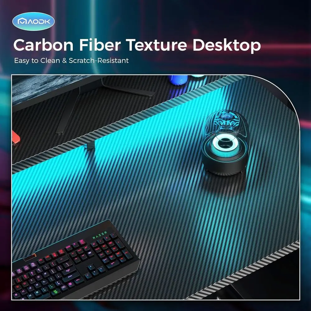 48 Carbon Fiber Gaming Desk with LED Lights, Power Outlet, Storage, and Monitor Shelf