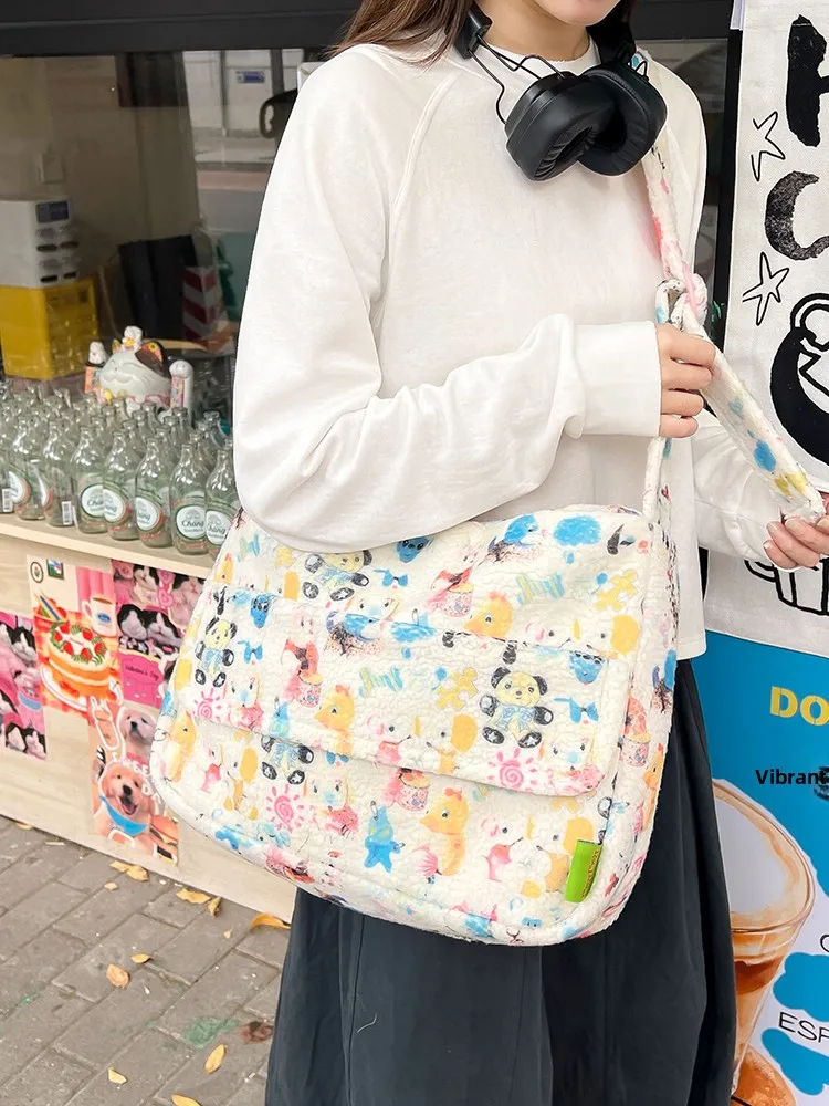 

Cute Print Woolen Crossbody Bag Women's Large Capaci Single oulder Bag Autumn Winter Faion Sweet Cool Spicy Girl Bag