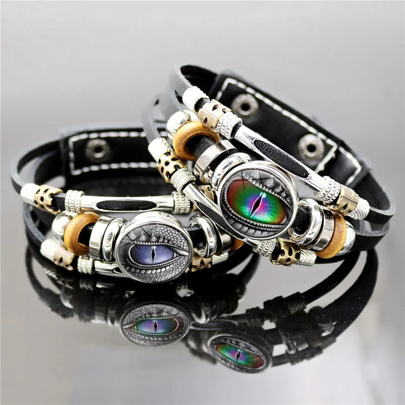 Dragon Eyes Glass Snap Button Bracelet for Men Evil Eye Jewelry Handmade Multilayer Beaded Leather Bracelet Adjustable Wholesale