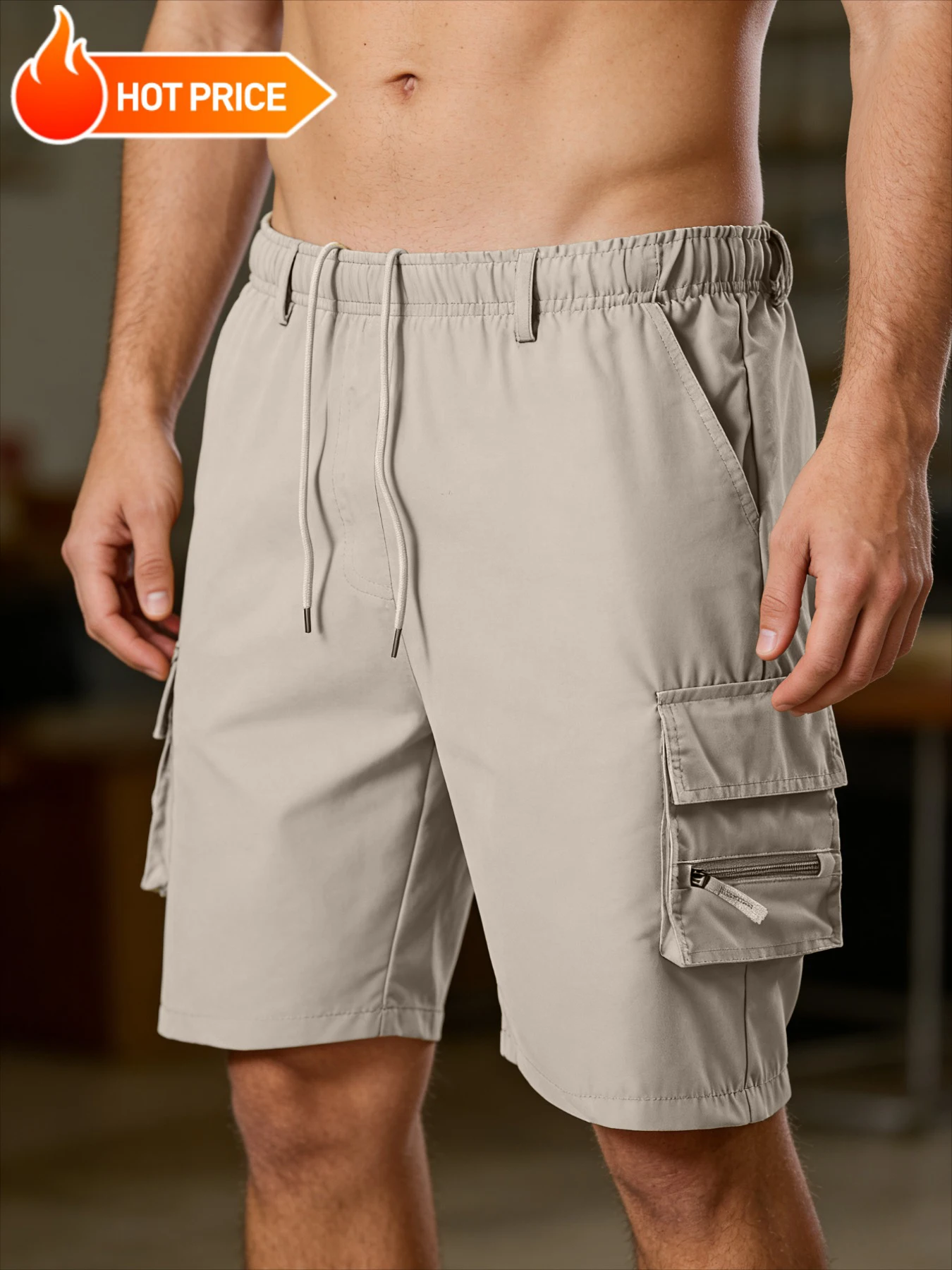 Men's Camo Cargo Shorts Elastic Drawstring Multi Pocket Zipper Work Shorts Loose Fit Knee Length Casual Outdoor Athletic Shorts