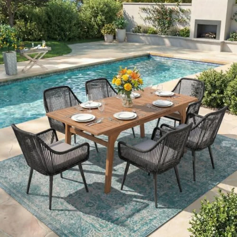 

7-Piece Outdoor Dining Set, Patio Wicker Dining Table Chair Set with 55"-71" Acacia Wood Expandable Table and Twisted Rattan Ro