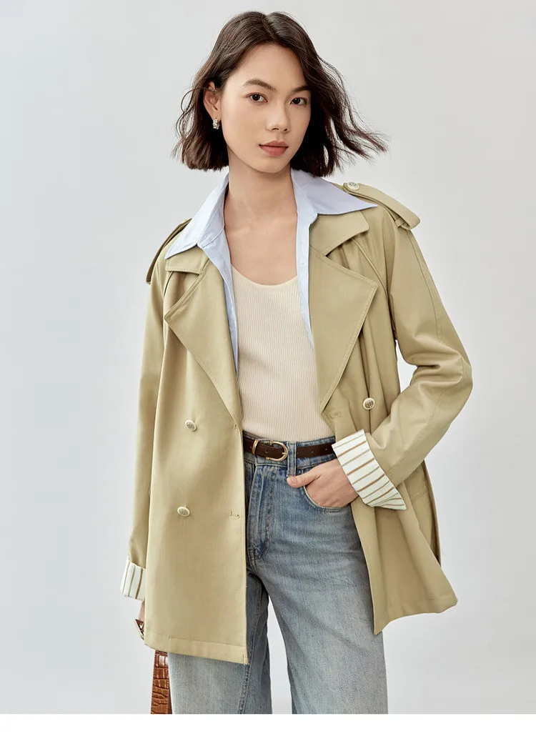 

SENTUBILA Korean Style Loose Fit Trench Coat for Women 2024 Autumn Patchwork Cuffs Double Breasted Sashes Overcoat 143F53269X