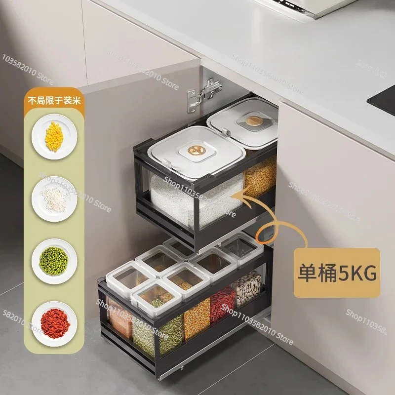 Embedded Double-Layer Aluminum Alloy Drawer Rice Box, Kitchen Cabinet Rice Bucket & Dry Goods Storage Noodle Bin