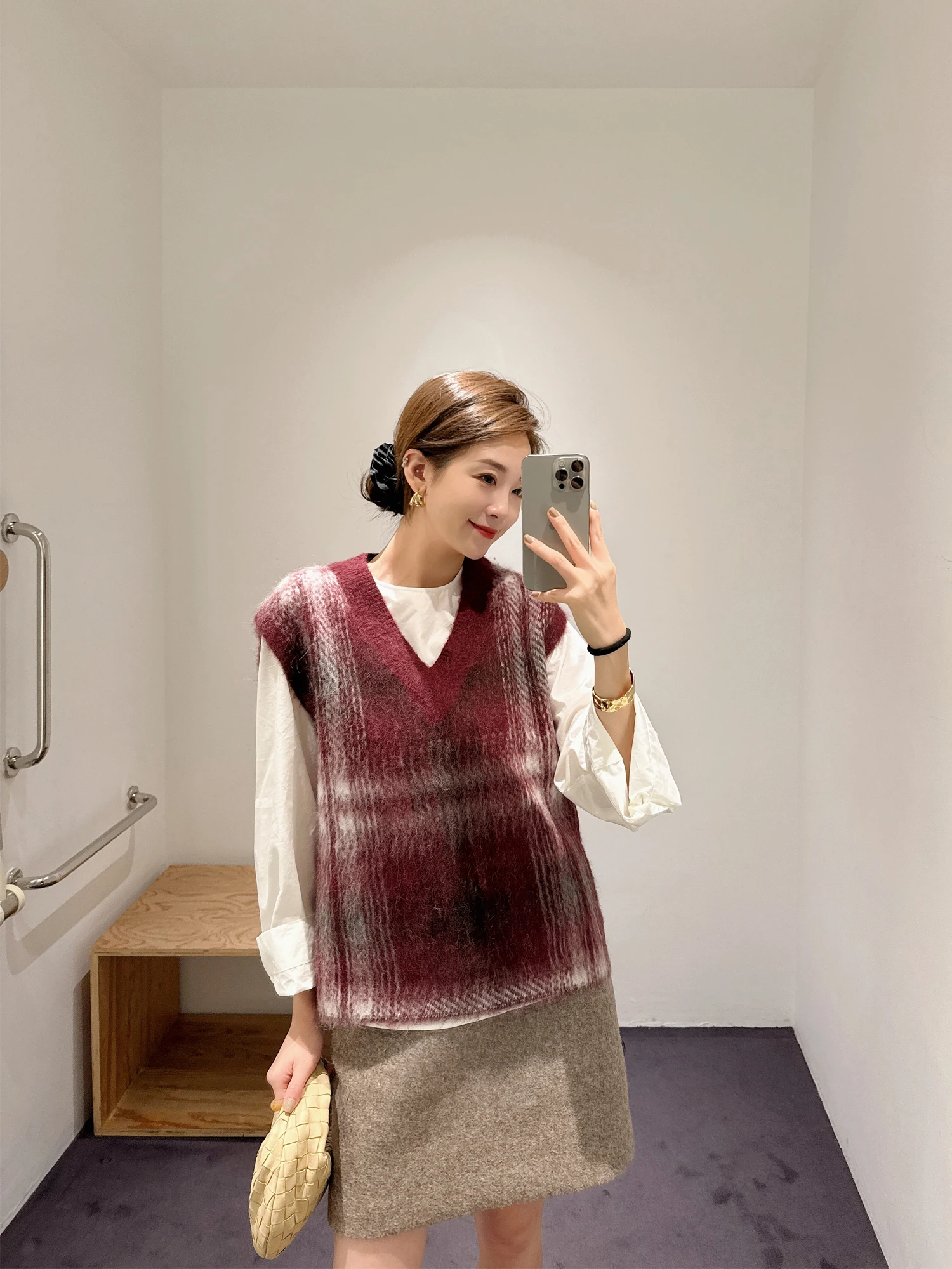 

Женский жилет свободного кроя с V-образным вырезом, из смесовой шерсти, в клетку, топ, осенняя новинка, теплый, повседневный, мягкая ткань