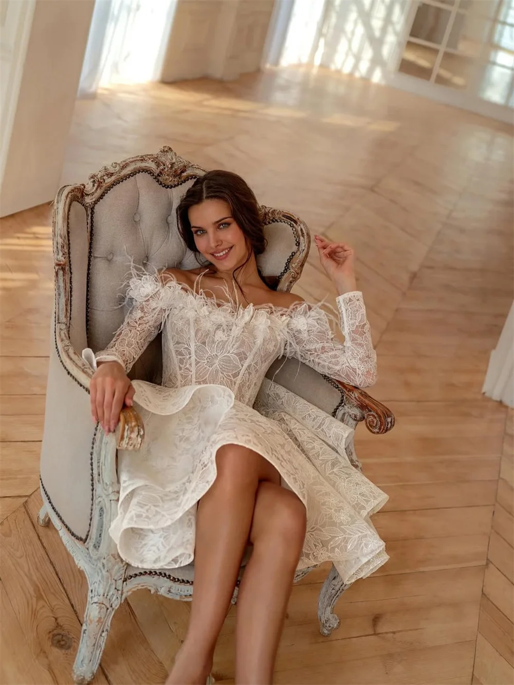 TULX Luxury Mini Lace Wedding Dresses Off Shoulder Long Sleeves Bridal Gowns A line Short Engagement Party Dresses Customized