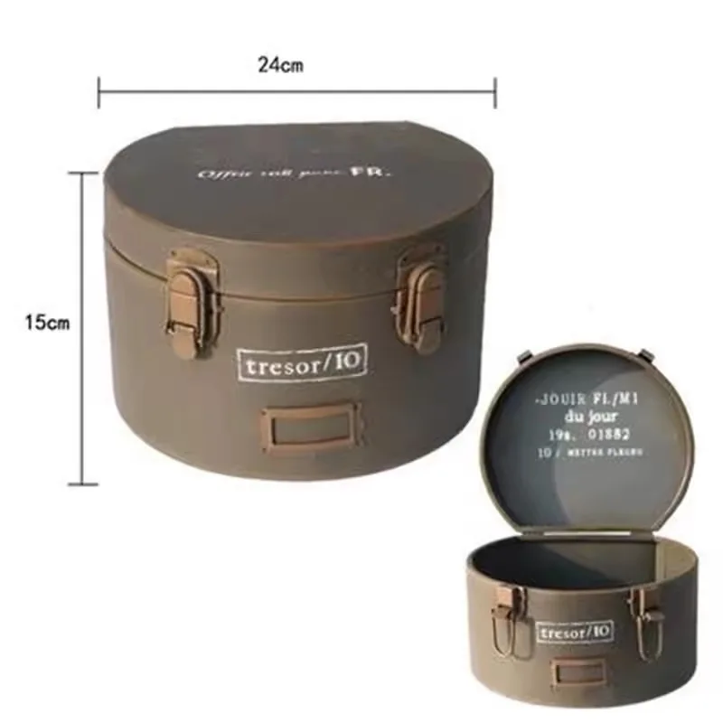 Vintage Distressed Metal Round Planter Box with Lid, Decorative Storage Box Flower Pot