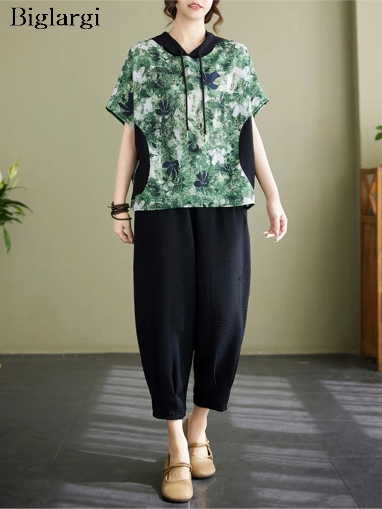 

Oversized Summer Print Patchwork Hoodie Tshirt 2 Two Piece Set Women Casual Short Sleeve Ladies Tshirt Loose Woman Wide Leg Pant
