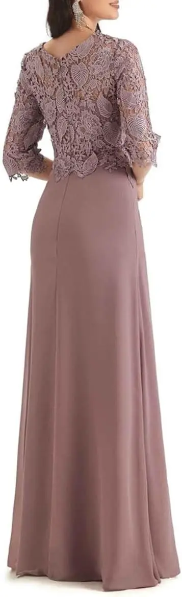 ชุดแม่เจ้าสาว ผ้าชีฟองจับจีบ แขนยาว คอทรงกลม แต่งลูกไม้ สง่างาม ดูดี มีระดับ ชุดราตรี ชุดออกงานสำหรับคุณแม่